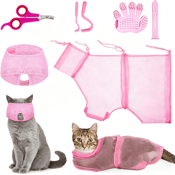 AOMRCOL 5 Pcs Cat Bathing Bag Set Cat Grooming Bag Adjustable Pet Shower Net Muzzles Nail Clipper Tick Remover Tool Massage Brush(Pink) Adjustable Cat Bathing Bag