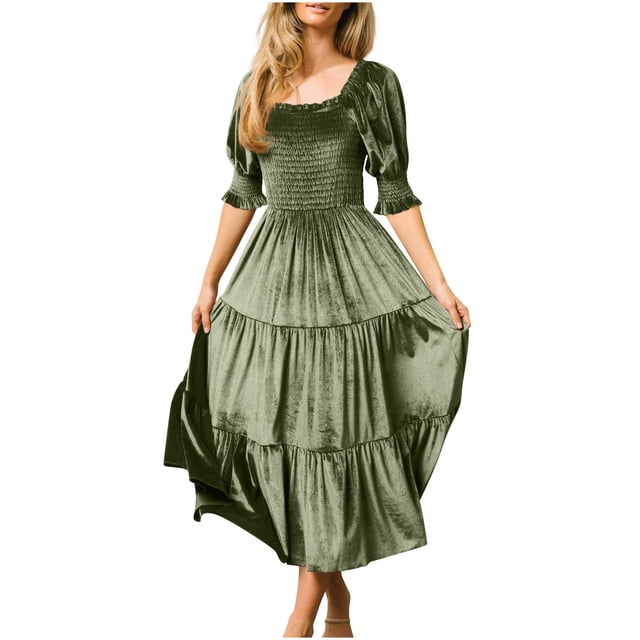 MeetoTime Robes en Velours à Volants pour Femmes Manches Bouffantes Col Carré Robe Smockée Ligne A Fluide Midi