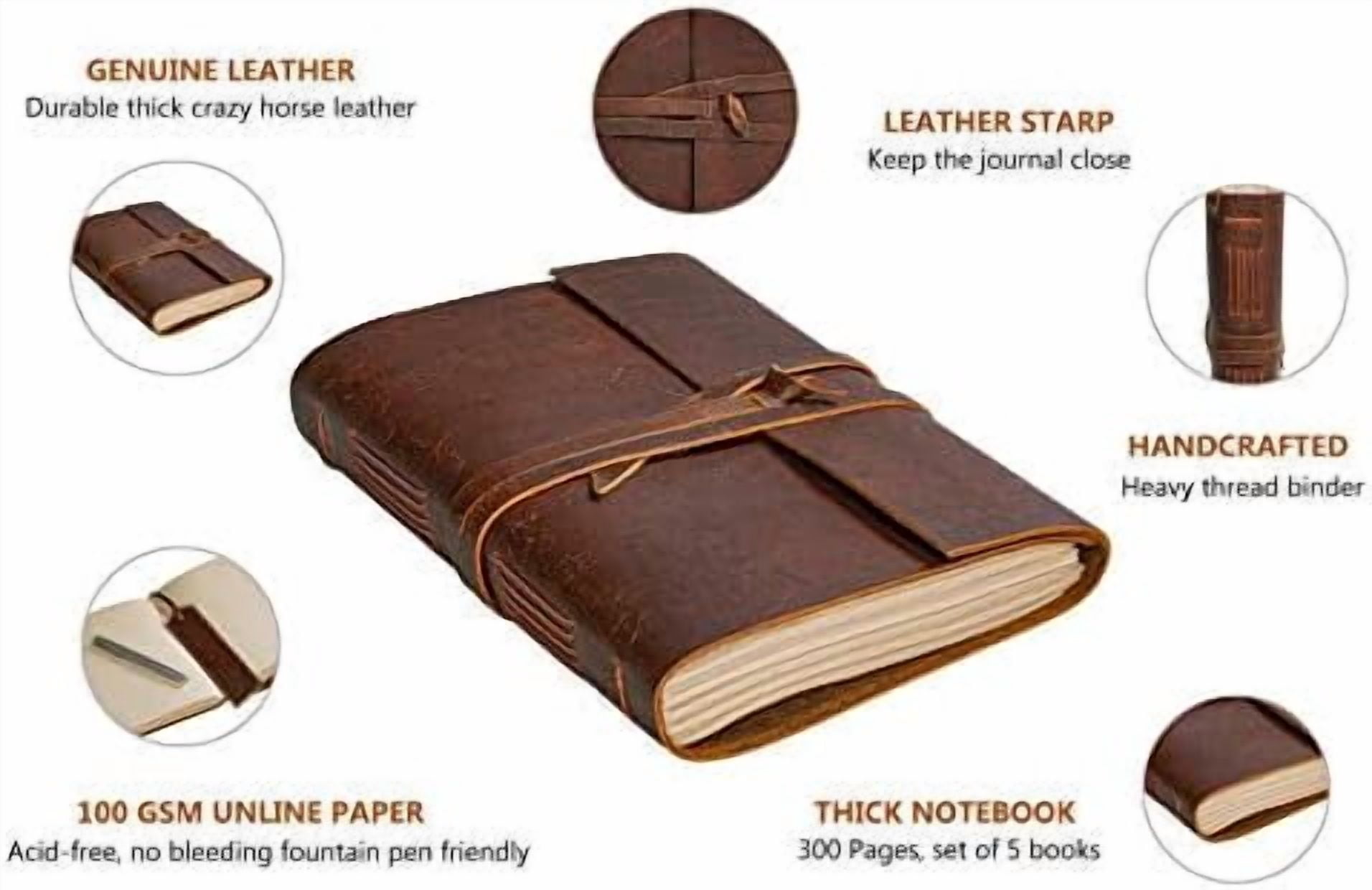 Hasako Leather Journal Notebook - Rustic Handmade Vintage Leather Bound Journals for Men and Women - Antique Craft Unlined Paper 300 Pages, Leather Book Diary Pocket book To Write In (7.5" x 10"