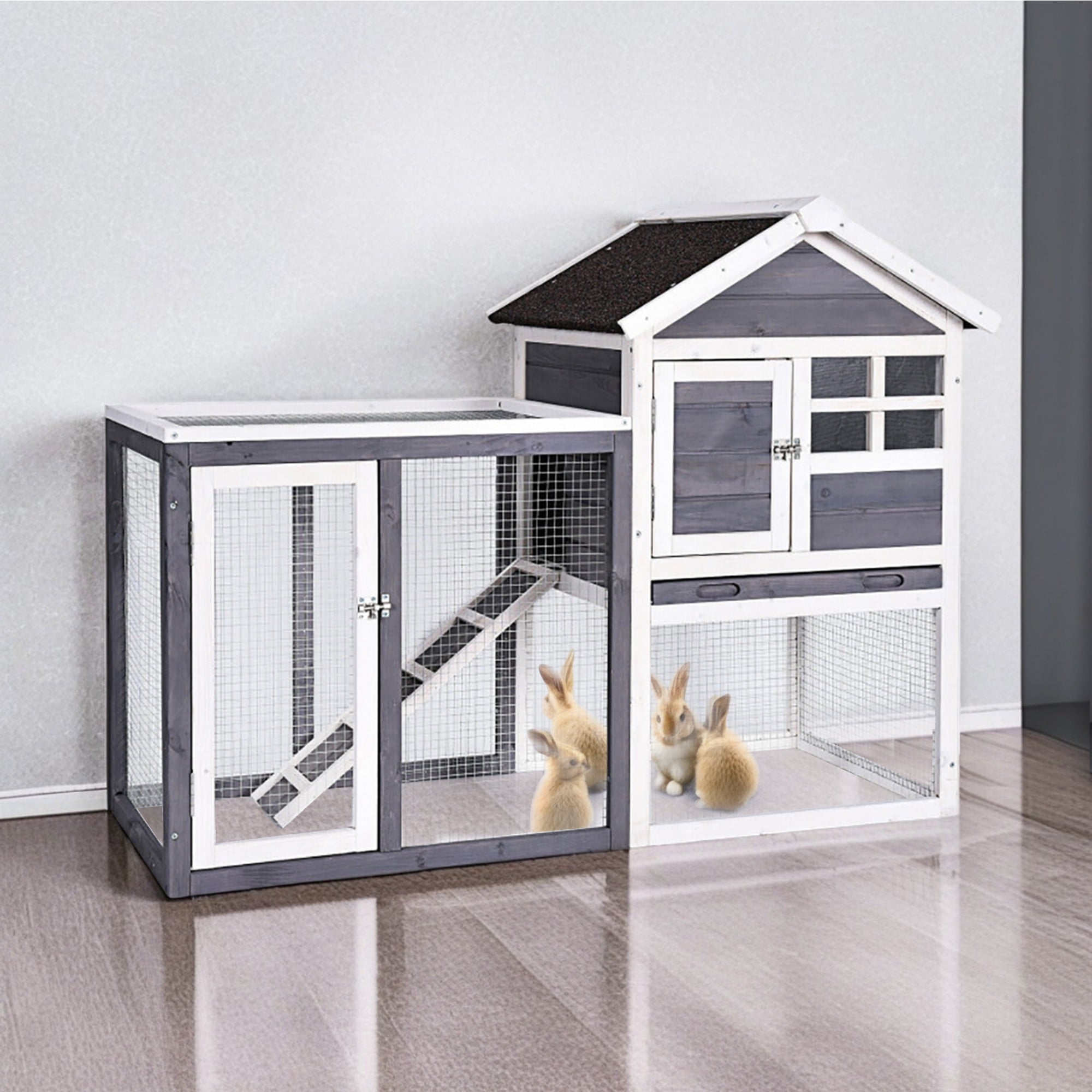 Pefilos 48" Wood 2 Tier Chicken Coops Habitat, Rabbit Hutch for Outdoors, Indoor Guinea Pig Coop Pet House with Stairs, Gray