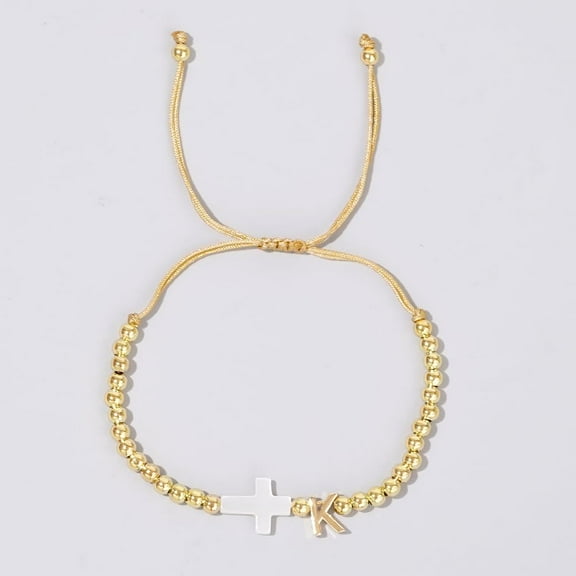 Brass Round Bead Bracelets Leeter Charm Bracelets for Women Men Letter K Golden