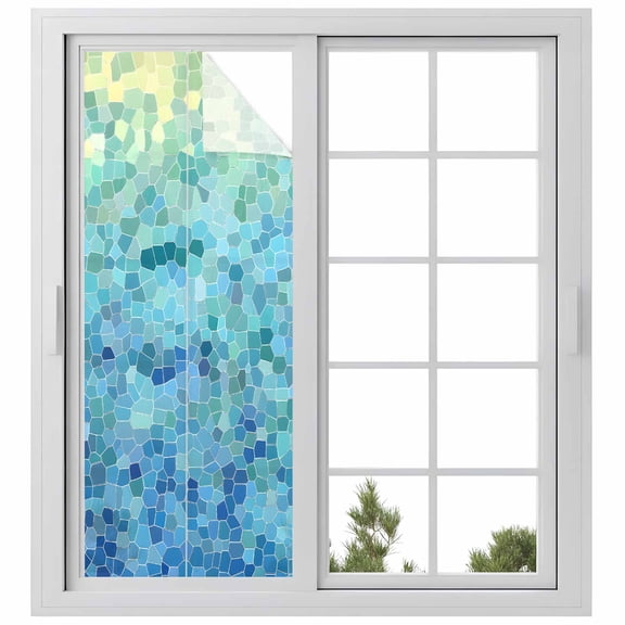 Turquoise Blue Teal Window Privacy Film, Chic Stained Glass Texture Aesthetic Static Cling UV Sun Blocking Heat Control Window Tint, Non-Adhesive One Way Windows Privacy Cover 23.6''x59''