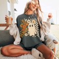 thumbnail image 3 of Floral Ghost Halloween T-Shirt, Retro Daisy Checker Graphic Tee, Comfort Colors Spooky Season Fall Apparel Gift for Women - Pepper, XL, 3 of 4