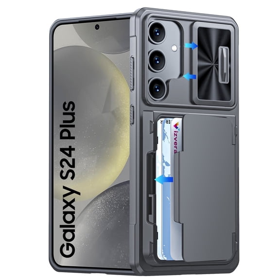 Oupeigar for Samsung Galaxy S24 Plus Phone Case with RFID Cards Holder (Store 4 Cards)& Camera Cover & Kickstand,Shockproof Silicone Case-Gray