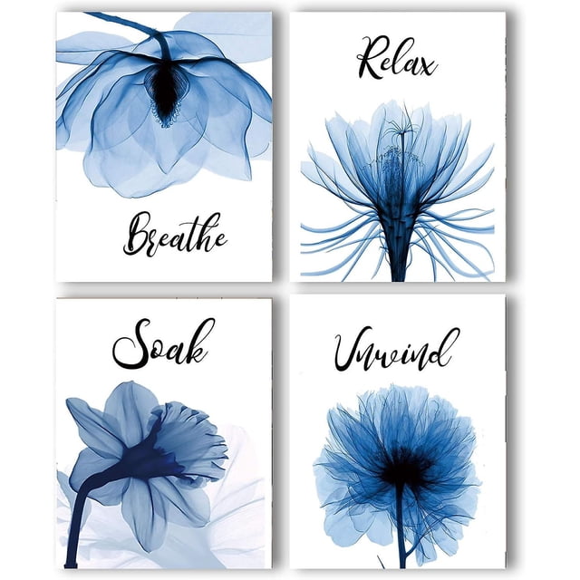 Blue Elegant Tulip Relax Soak Unwind Breathe Bathroom Wall Decor Bathroom Wall Art Prints Set of 4
