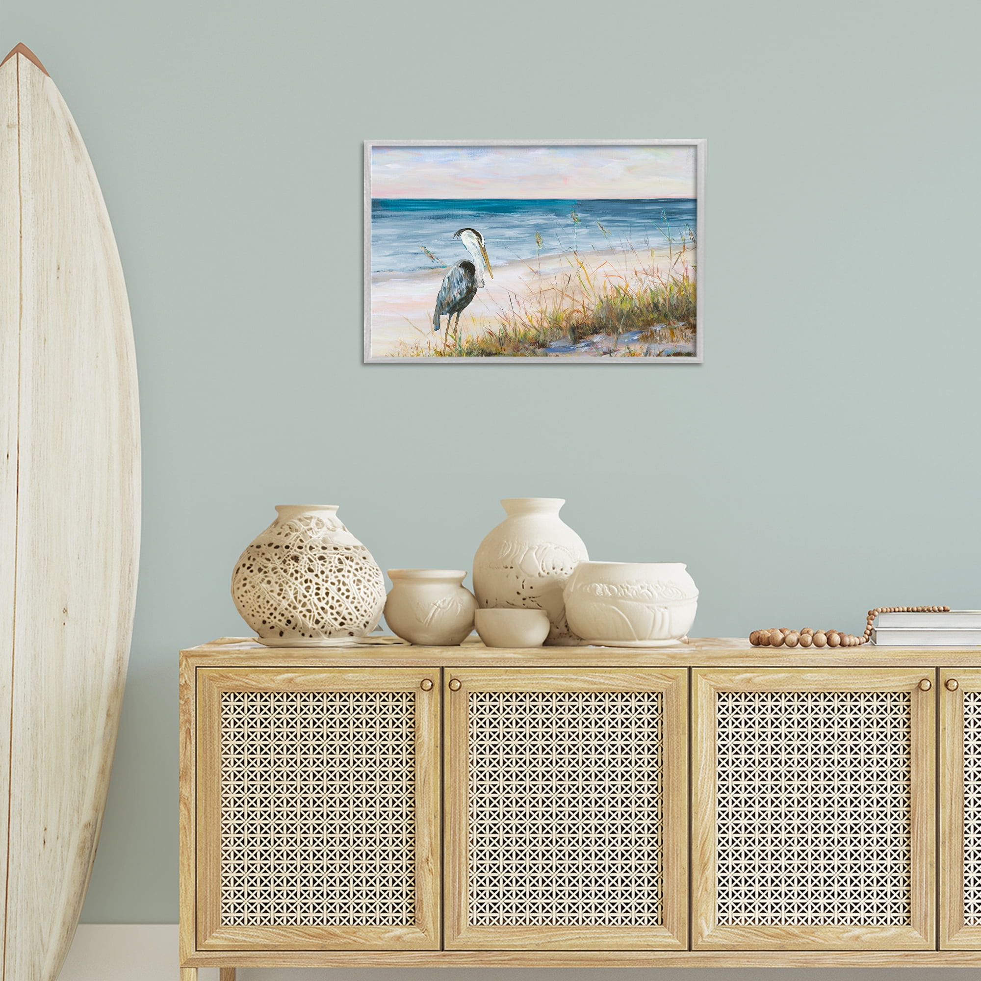 Stupell Industries Calm Pelican on Beach Landscape Painting Gray Framed Art Print Wall Art, 24 x 16