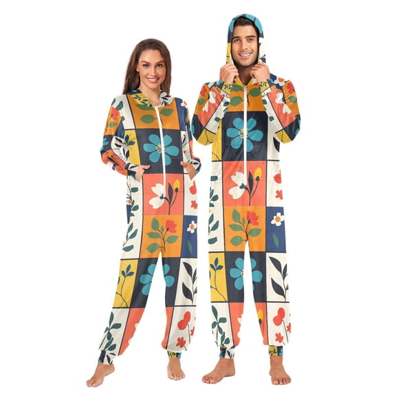 FORMRS Onesies Pajama for Adults Unisex Hoodie Winter Jumpsuit One Piece Sleepwear, Sizes S-2XL, Floral Patterns