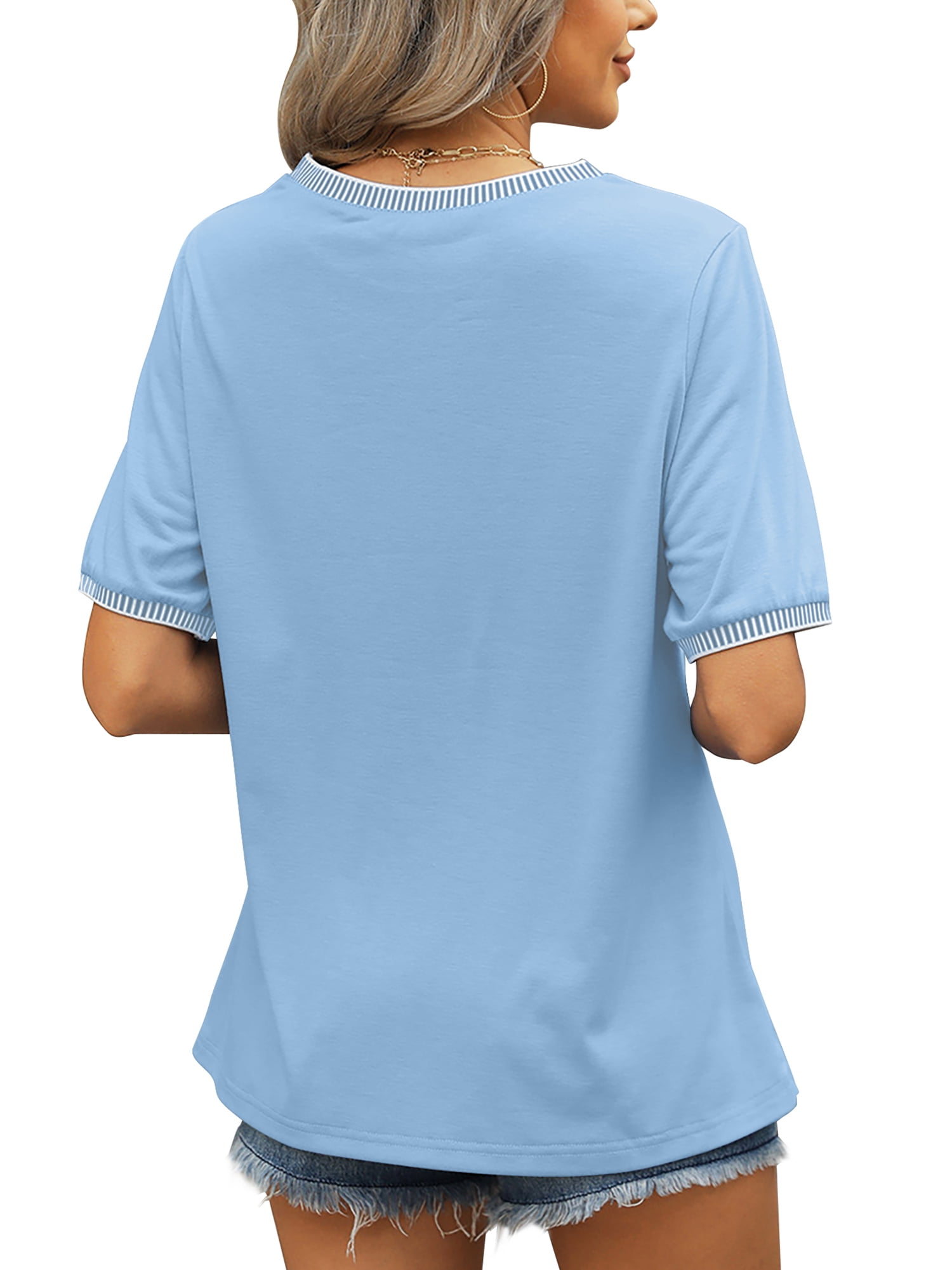 MOSHU Dressy Women Tops Crewneck Blouses for Women Striped Colorblock Short Sleeve Shirts Casual Summer Tops