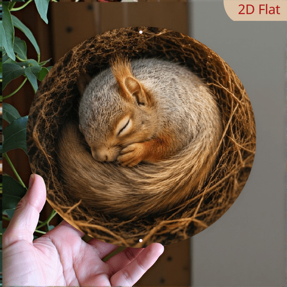 Round Metal Squirrel Art Sign - 8x8 Inch Aluminum, High-Definition 2D Printed, Waterproof Durable with Pre-Drilled Holes - Premium Decorative Plaque for Home, Kitchen, Garden, Offic