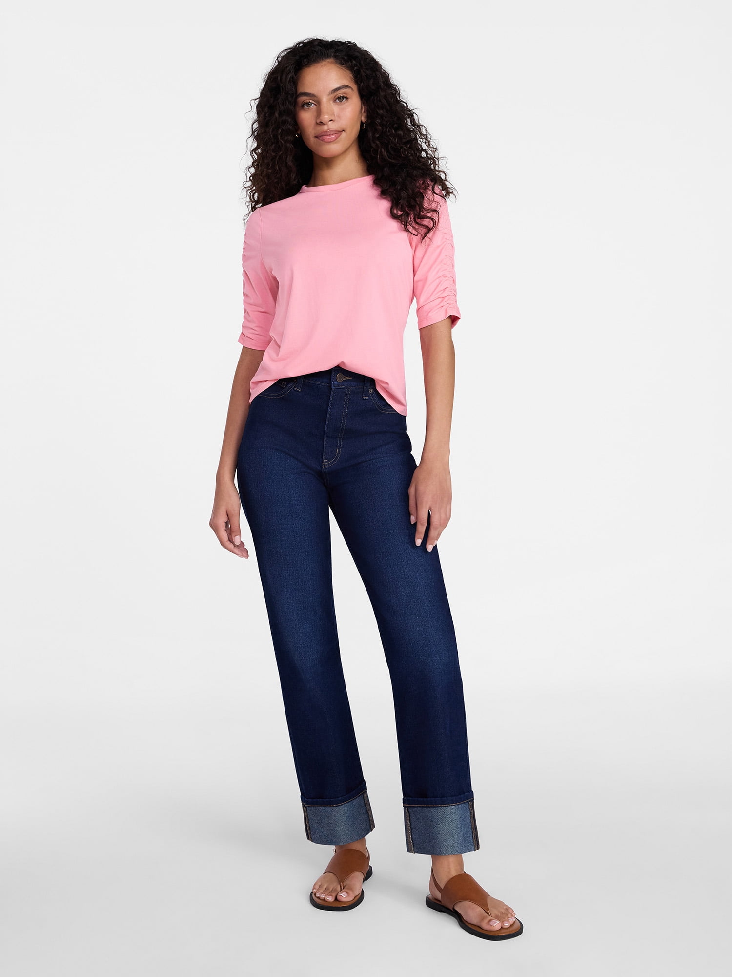 Time and Tru Women's Ruched Elbow Sleeve Tee, Sizes XS-XXXL
