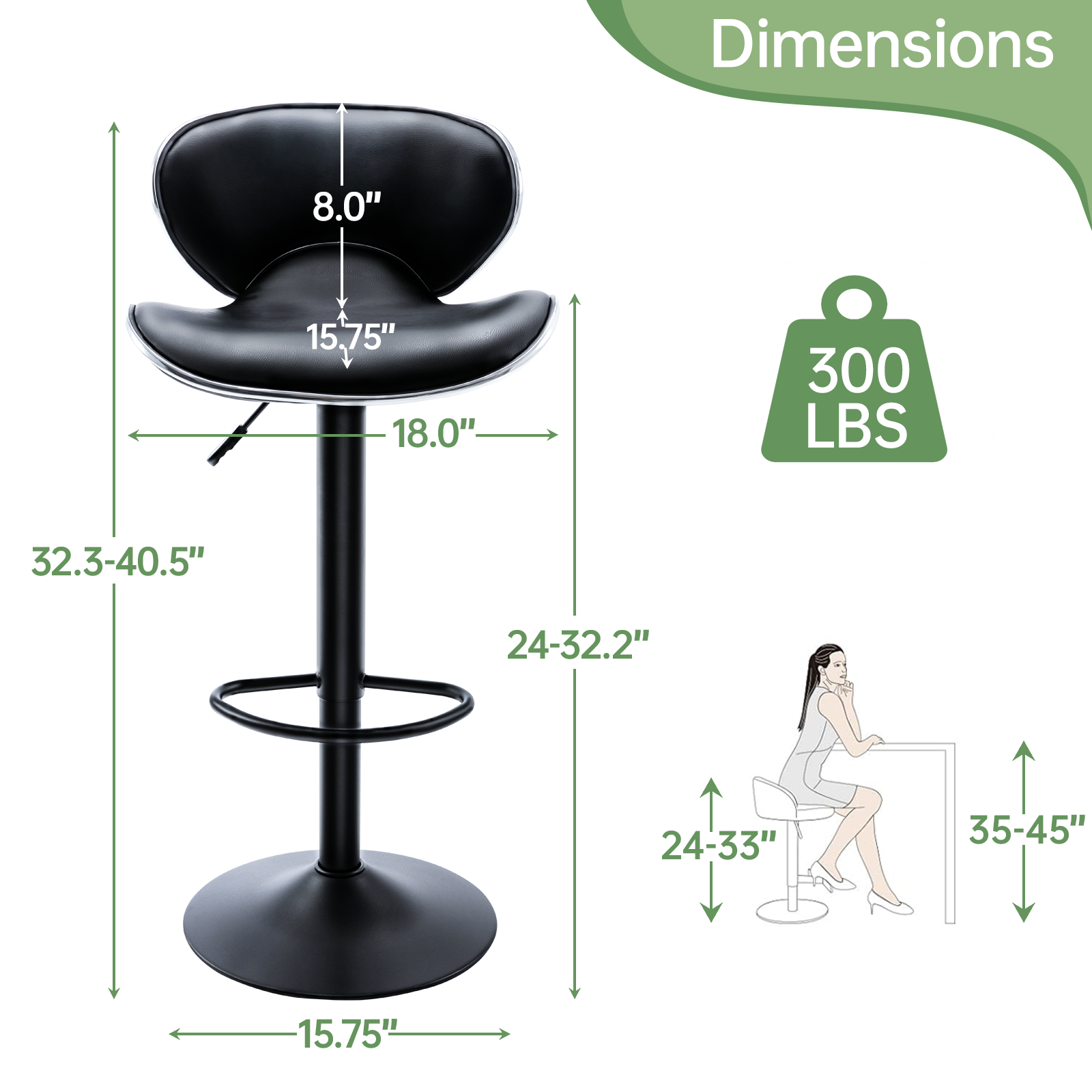 Bar Stools Set of 4, PU Leather Adjustable Swivel Bar Chairs for Kitchen Counter Island, Modern Armless Shell-Shaped Counter Height Stools for Dining Room Café Pub (Black, Black Base)