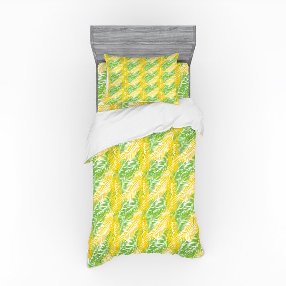 Tropical Duvet Cover Set, Fan Palm Leaves Banana Tree Exotic Pastel Tones Aloha Island Theme, Bedding Set with Shams and Fitted Sheet, 3 Sizes, by Ambesonne