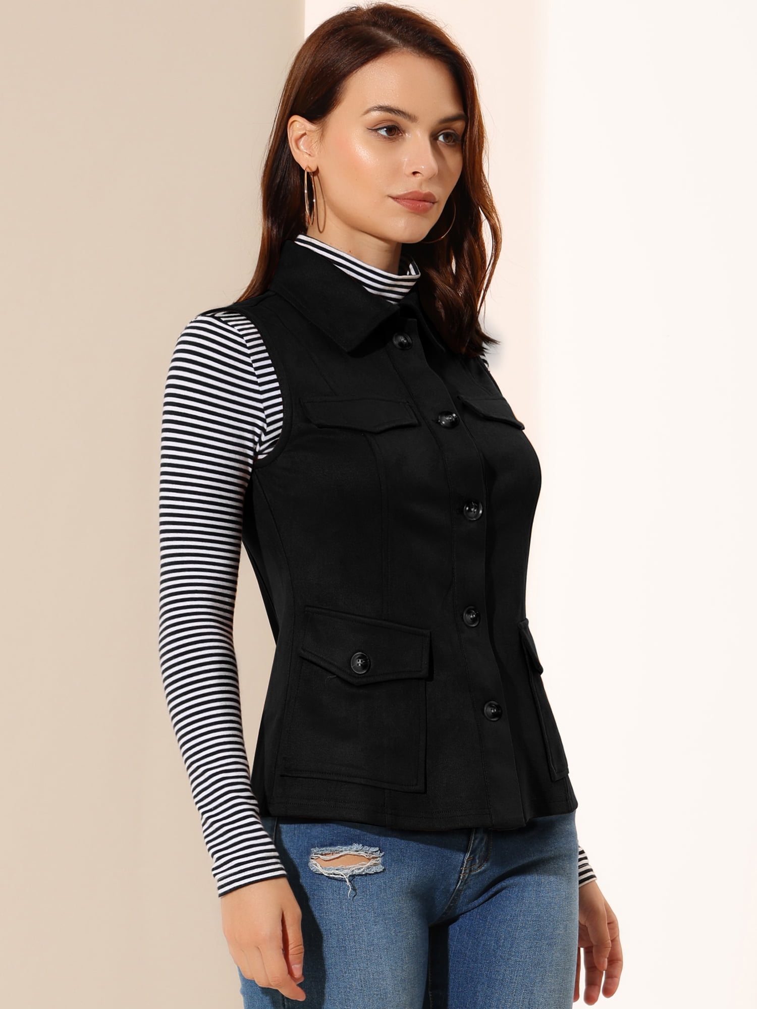 DARING DIVA Women's Rustic Button Up Utility Anorak Cargo Vest L Black