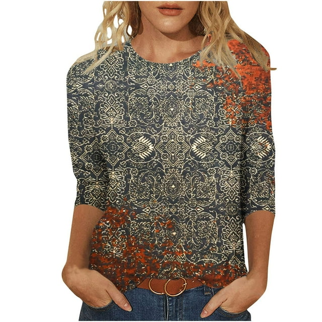 Pompotops T-shirt Imprimé pour Femmes, Manches 3/4 Mi-Longues, Col Rond, Décontracté, Liquidation