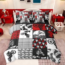 Castle Fairy Sport Motorcycle Motocross Twin Bedding Sets 7-Piece for Teens,Black Red Grey Plaid Grid Bedding Comforter Set Microfiber,Vintage Speed Dirt Bike Breathable Sheet Sets