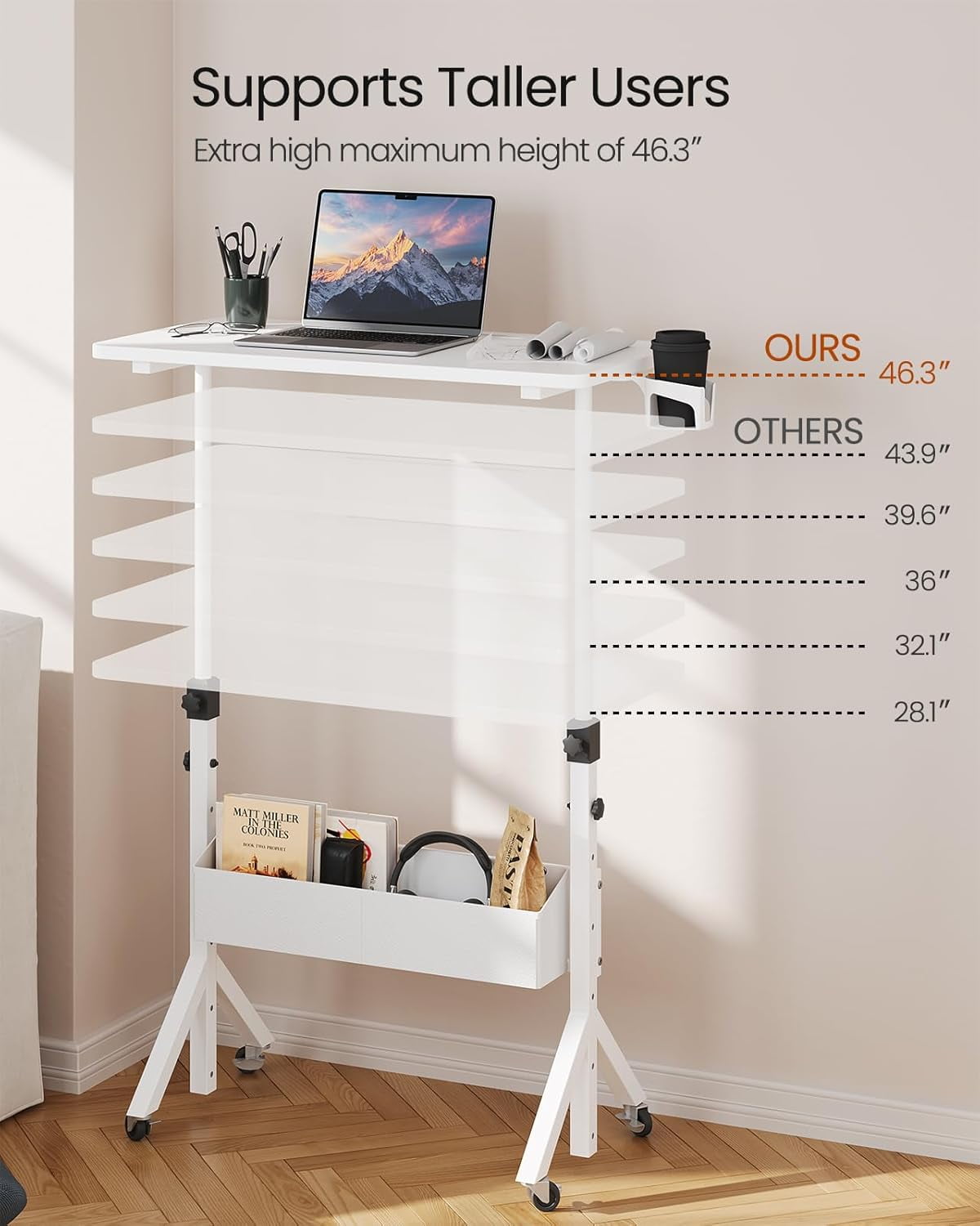 CHITOOMA Mobile Standing Desk with Cup Holder, 6 Level Height-Adjustable Computer Desk with Laptop Slot for Office, White