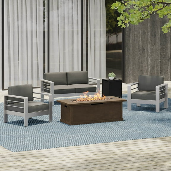 Noble House 4-Piece Aluminium Outdoor Chat Sets with Fire Table and Tank Holder, Brown/Khaki