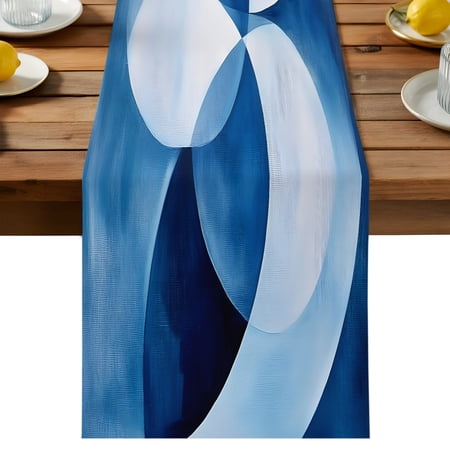 Abstract Circular Table Runner White Blue Stitching Gradient Cotton Linen Table Cloth Tablerunner for Kitchen Dining Party Wedding Home Decor 13x36 Inch