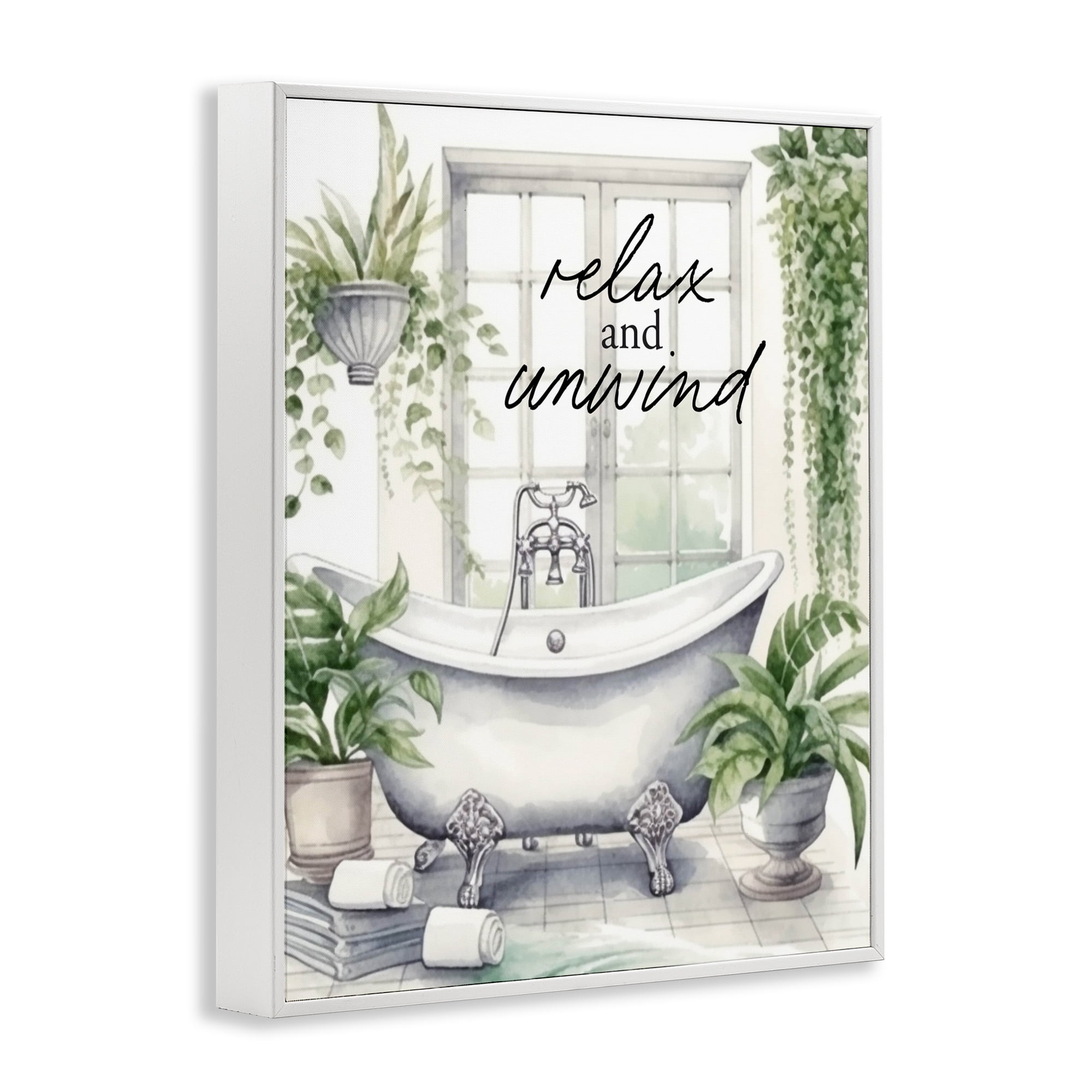 Relax Unwind Bath & Foliage White Framed Giclee Art, design by Lettered and Lined