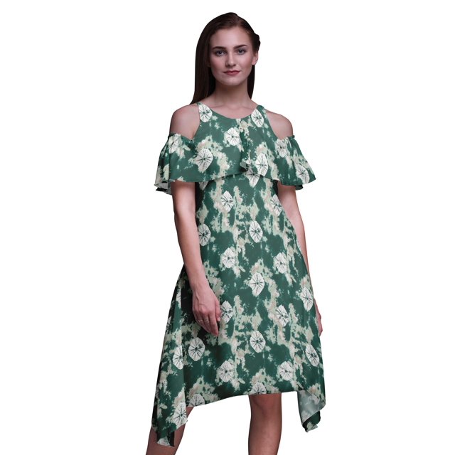 Bimba Robe à Volants Imprimée Teinture sur Nœuds Verte pour Femmes Épaules Dénudées - TTG