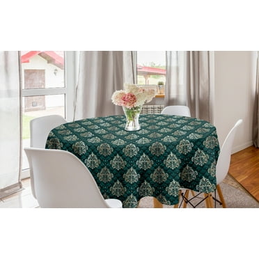 Damask Round Tablecloth, French Pattern Inspired by Rococo Era Designs Intricate Renaissance Motifs, Circle Table Cloth Cover for Dining Room Kitchen Decor, 60", Dark Teal Eggshell, by Ambesonne