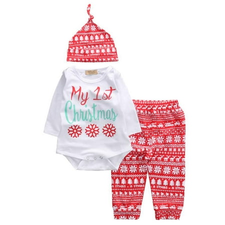 Baby Boy Girl My First Christmas Outfit Letter Romper Elk Pant with Knotted Hat Set