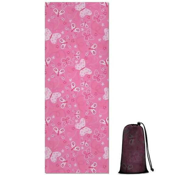 Pink Butterfly Pattern Hot Yoga Mat Towel Non Slip for Hot Yoga - Quick-Drying Yoga Mat Cover with 4 Corner Pockets with Travel Bag - Hot Yoga Towel Non Slip Grip Moisture Wicking Sweat 70"x26"