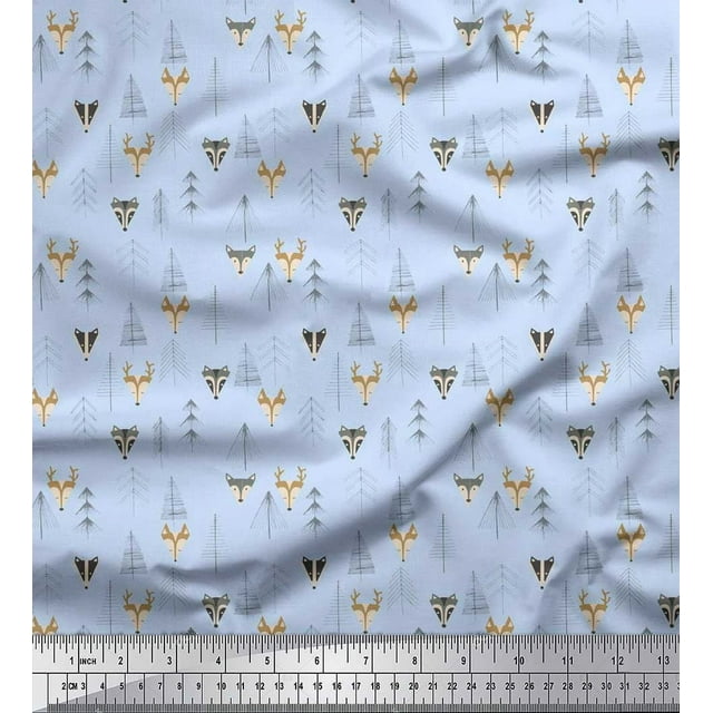 Soimoi Poly Georgette Fabric Artistic Tree,Reindeer & Fox Face Kids Print Fabric by Yard 52 Inch Wide