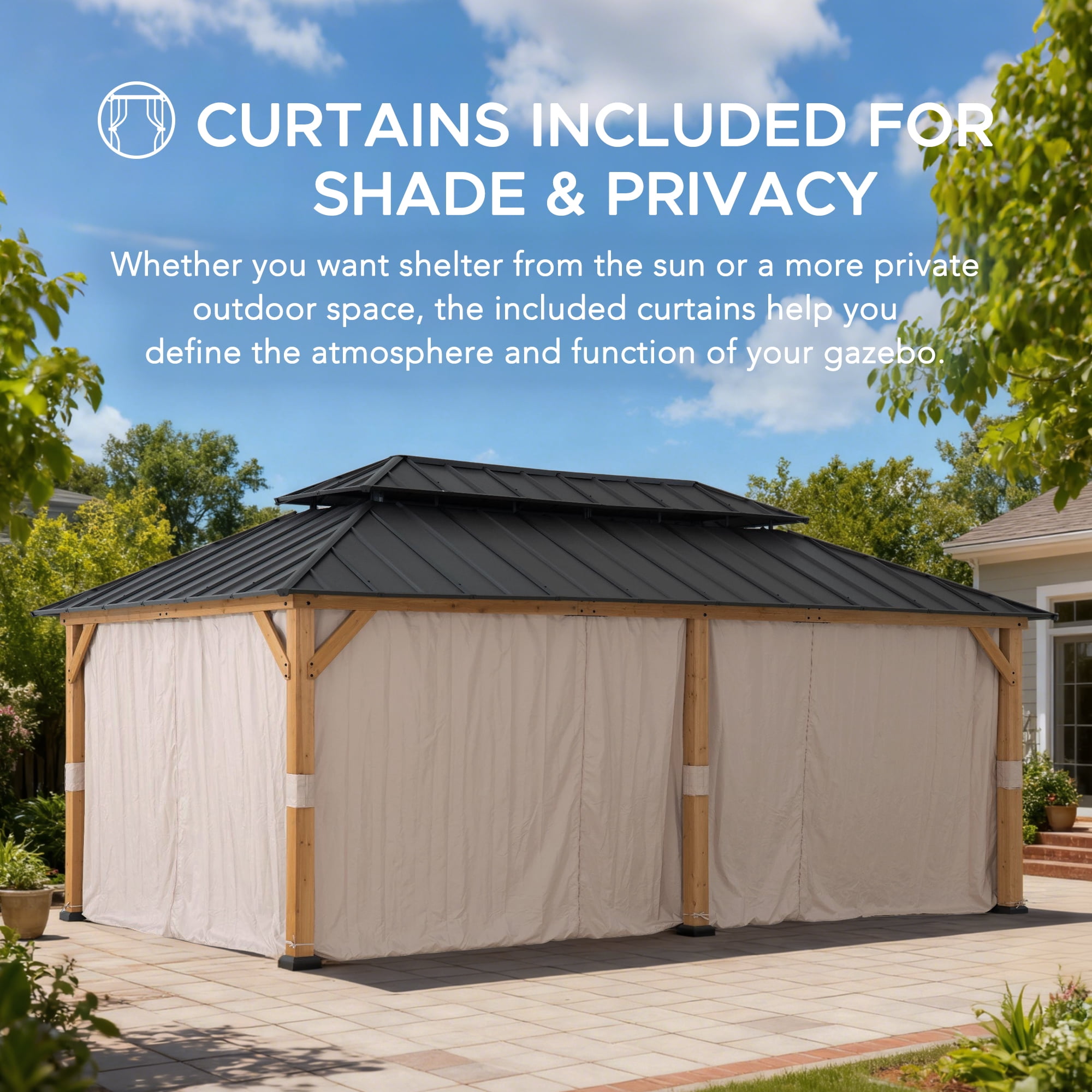 Sunjoy 12x20 Outdoor  Cedar Wood Gazebo with Galvanized Steel Roof and Curtains