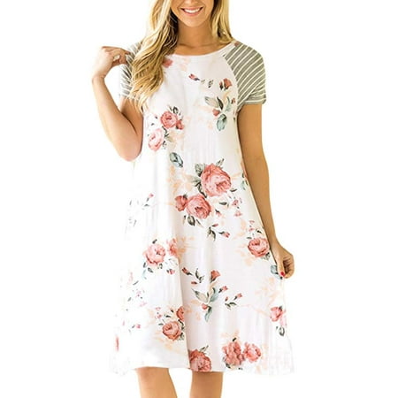 Women's Floral Print Casual Short Sleeve A-line Loose T-Shirt Dresses Knee (Best White Dress Shirt Womens)