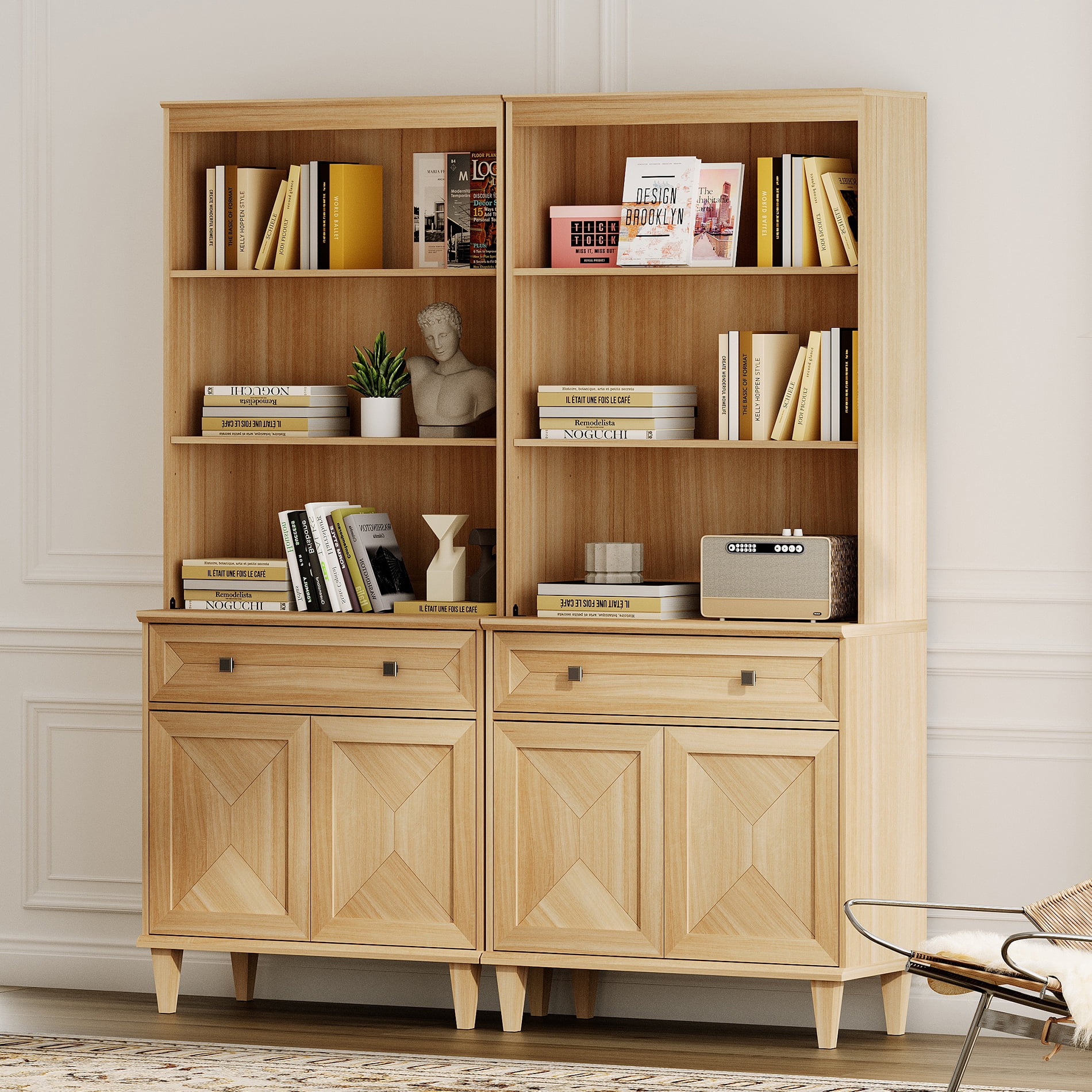 WAMPAT Handmade Patchwork 63" Wide Tall Bookshelf with Cabinets, Oak