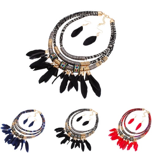 Women Beads Earrings Vintage Alloy Feather Drop Dangle Boho Ethnic Style Jewelry 2PCS 