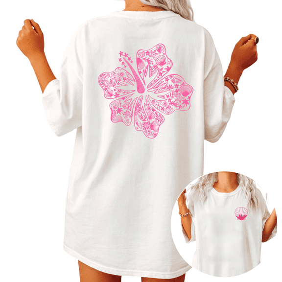 Trendy Boho Summer Ocean Hibiscus Flower Teal Graphic Tees Womans Oversized T-shirt Black/White S-5XL Tops