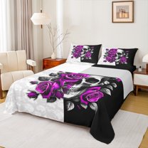 Feelyou Black Purple Rose Bed Sheets, Romantic Gothic Skeleton King Sheets, Valentine's Day Theme Sheet Set, Breathable Home Decor, 4pcs
