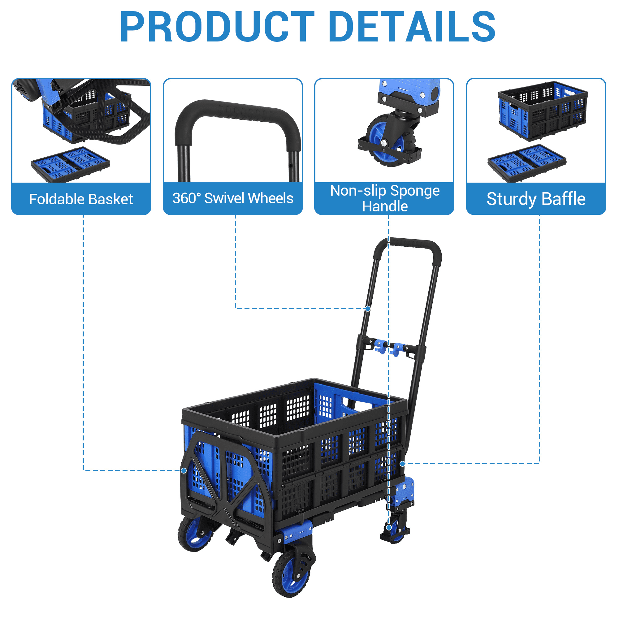 Kicctian 330 lbs Collapsible Wagon Cart with Foldable Basket, 2 In 1 Convertible Collapsible Hand Truck Dolly, with Retractable Handle, Portable Utility Cart for Office, Warehouse, Blue