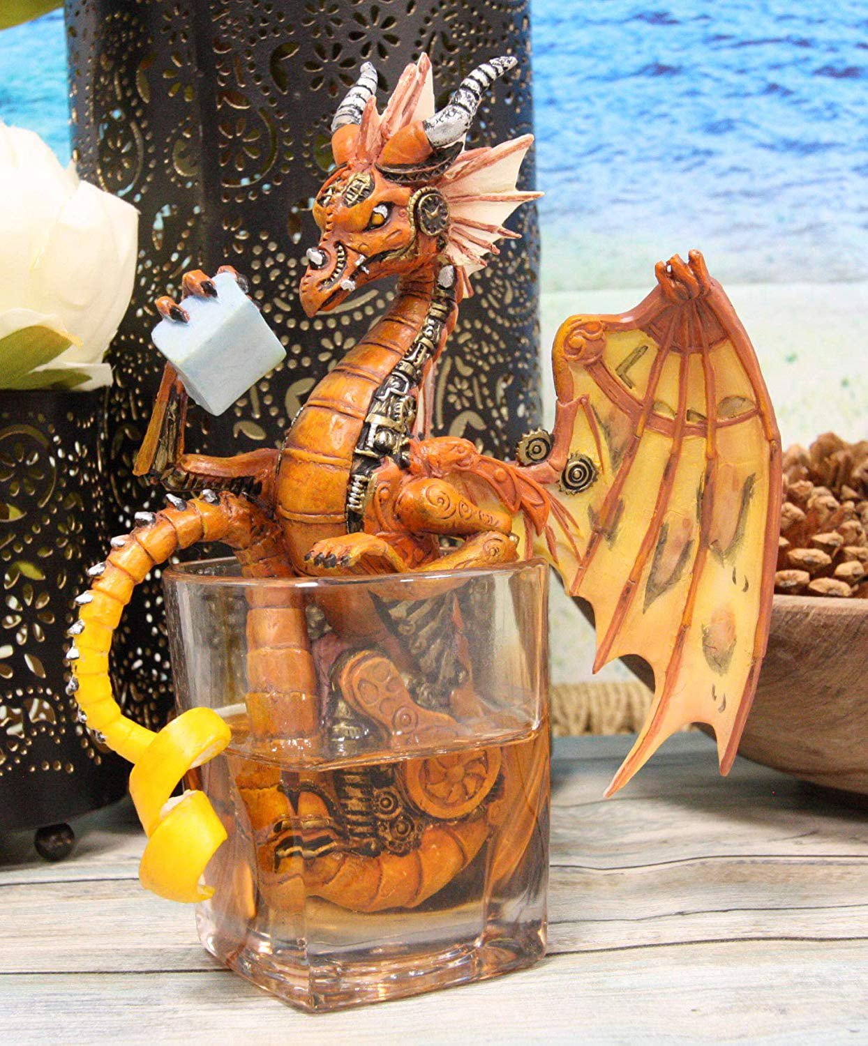 Ebros Spirit Drinks and Dragons Steampunk Cocktail Cyborg Dragon Statue 7/" Tall