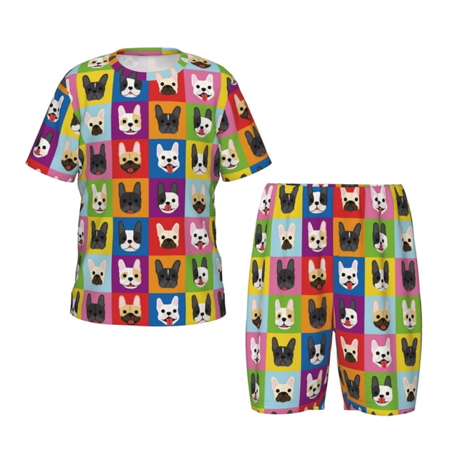 Balery Colorful Bulldog Conjunto de Pijama Infantil de Manga Corta con Estampado – Ropa de Dormir de Algodón Suave-XX-Large