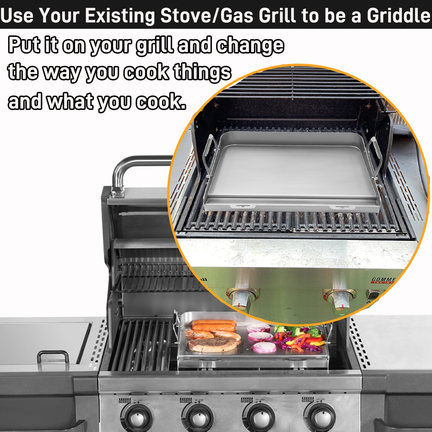 Griddle for Gas Grill & Stove Top, Stainless Steel Flat Top Grill with  Removable Grease Tray, Retractable Stand Accommodates Different Size of  Grill