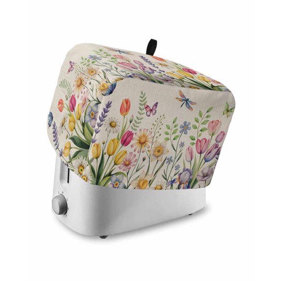 Wildflowers Small Toaster Cover 2 Slice, Kitchen Appliance Covers, Spring Vintage Tulip Butterfly Floral Leaf Toaster Oven Cover with Loop, Bread Machine Cover Polyester Dust Cover Protection