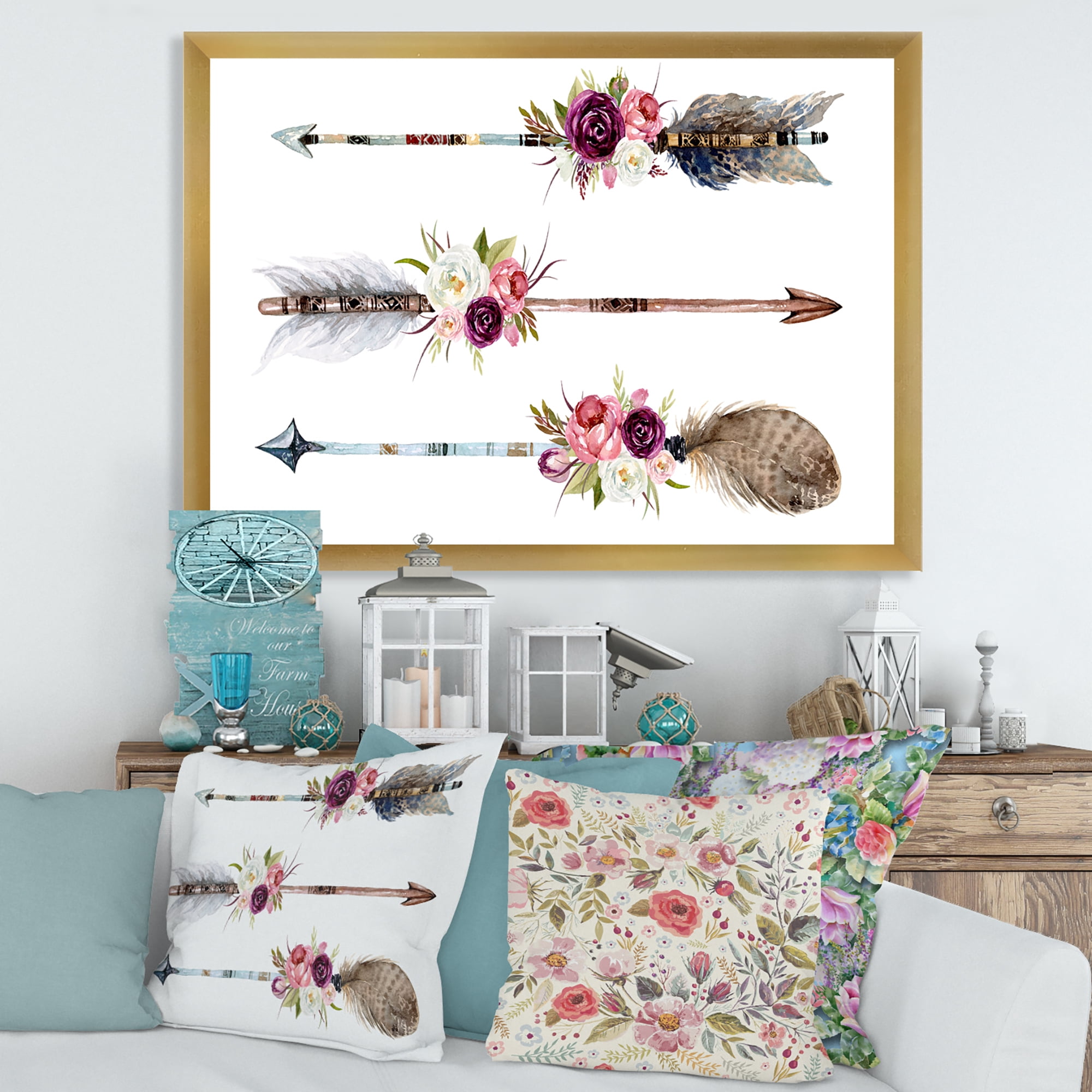 Designart 'Flowers and Ethnic Feathers On Native Arrows III' Bohemian & Eclectic Framed Art Print