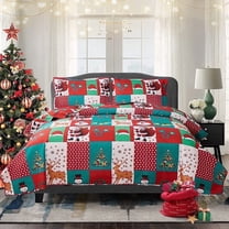 Smuge Reversible Christmas Santa Claus Bedding Set Green Red Plaid King Size Lightweight Snowflake Quilt Set Reindeer Bedspread Snowman Coverlet with 2 Pillow Shams
