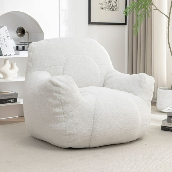 White Bean Bag Chair with Filler - Extra Large Fluffy Memory Foam Bean Bag Sofa, Tufted Faux Fur Lounger with Anti-Slip Bottom for Adults, Dorm, Living Room