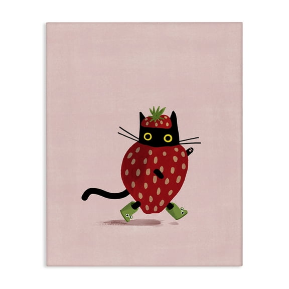 Stupell Industries Strawberry Cat on Pink Animals Painting Wrapped Canvas Art Print Wall Art, 16 x 20