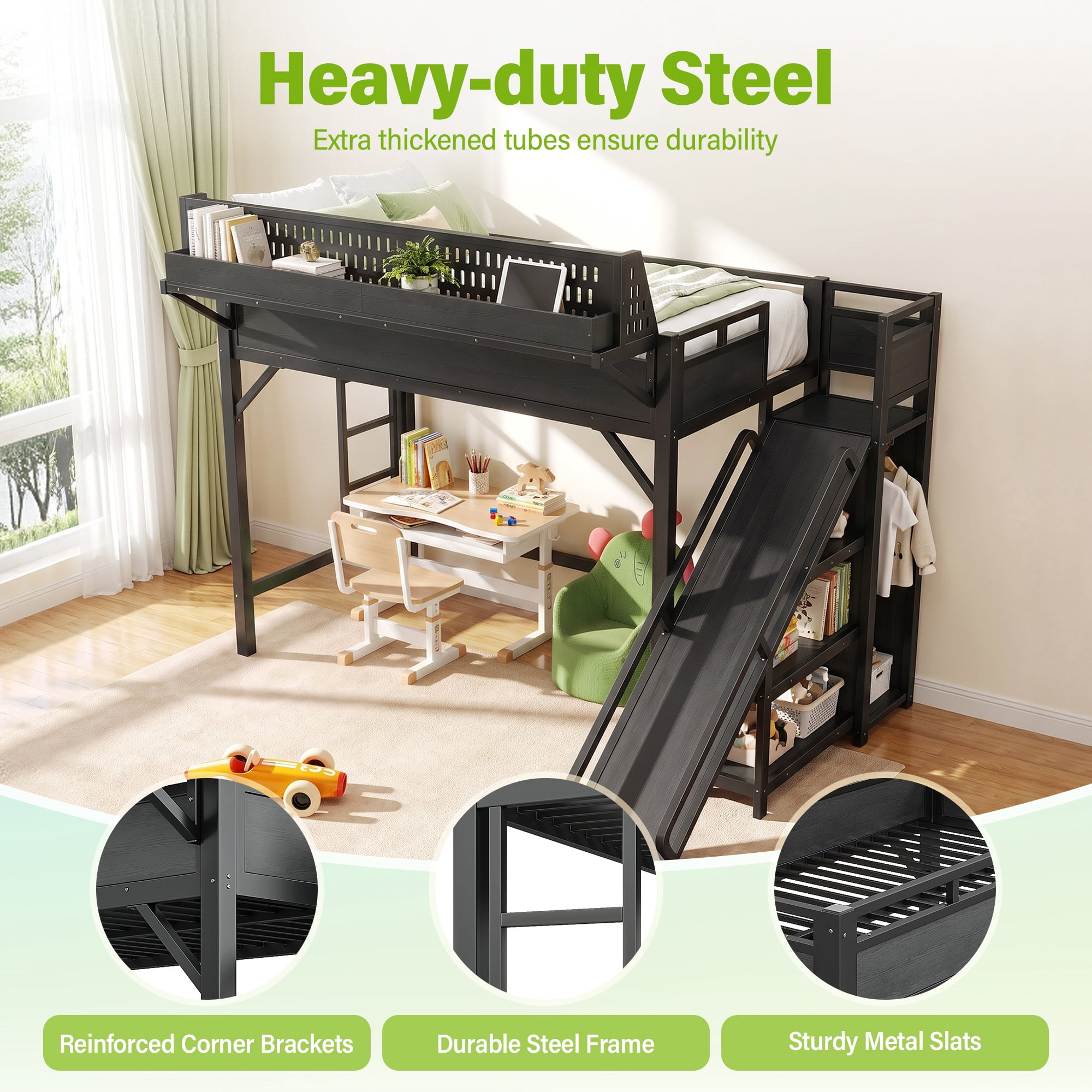 Aukfa Twin XL Metal Loft Bed with Slide, Shelves, Wardrobe, USB Ports & LED Lights, Space-Saving Bed Frame for Kids Teens Adults, Black