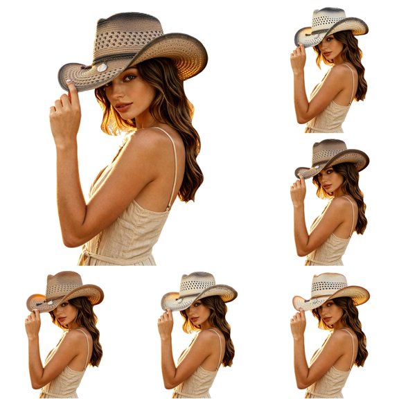 LIUYUNNN Ponytail Hat Unisex Wide Brim Sun Hat For Country Music Concert Western Style Woven Cowboy Beach Fedora UPF Outdoor Festival Headwear, One Size