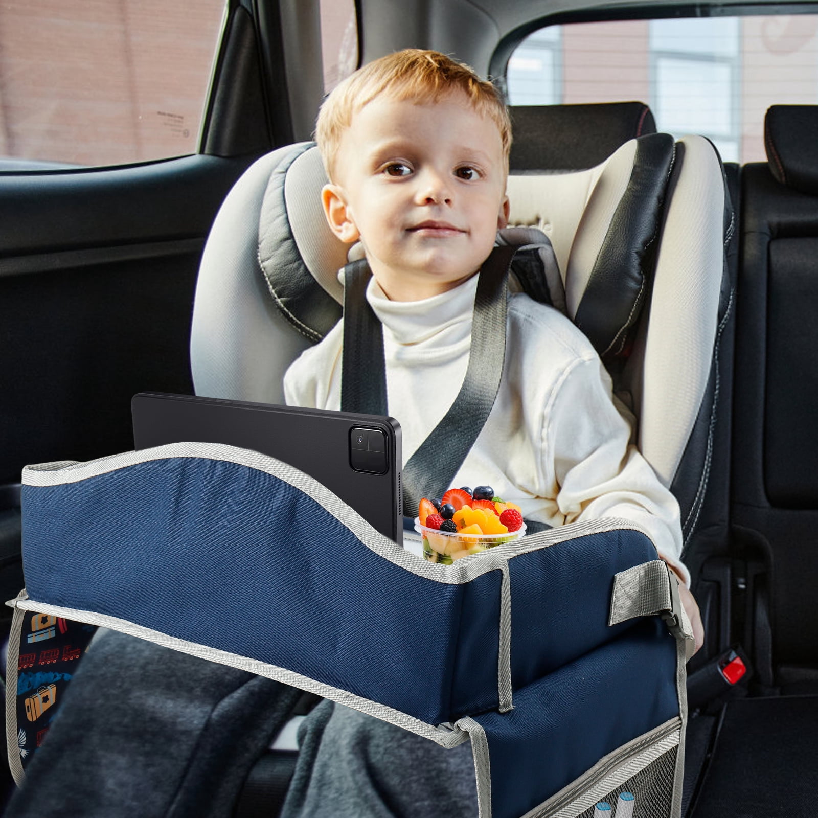 Carseat Table Tray for Kids Polyester Made Portable Drawing Board with Padded Shoulder Strap for Road Trip Activities