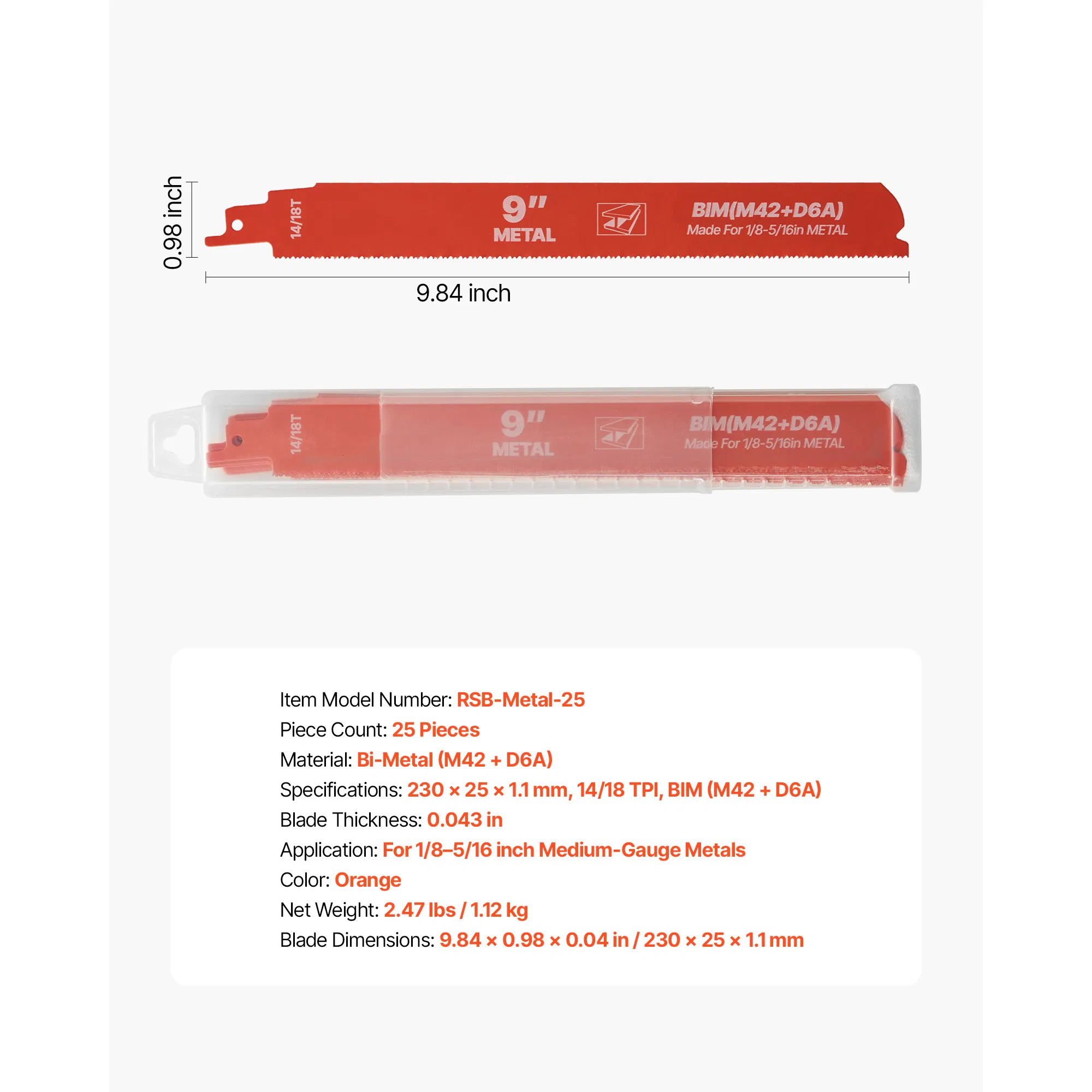 25-Pack Bi-Metal Reciprocating Saw Blades with Universal Shank,14/18 TPI Sharp Teeth for Fast,Smooth Cuts on Medium Metals 1/8-5/16 inch,Orange