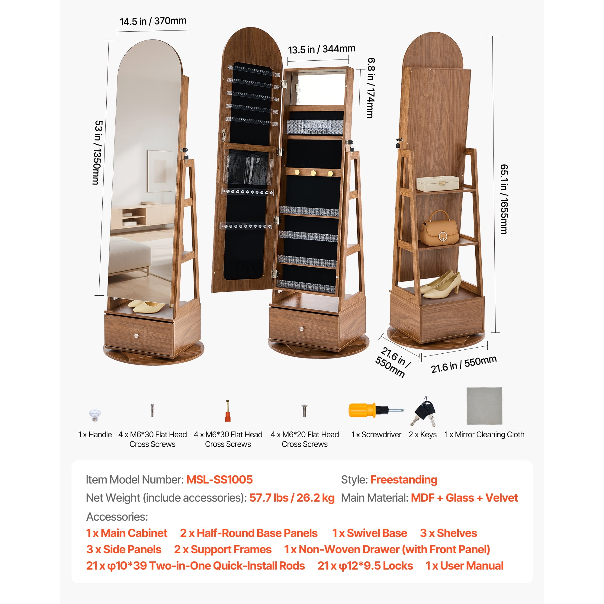 KFFKFF 360° Rotating Jewelry Cabinet, 65.1-inch Tall, Full-Length Mirror with Storage, Freestanding Jewelry Organizer, Lockable with Keys, Accessory Compartments, Shelves, and Drawer