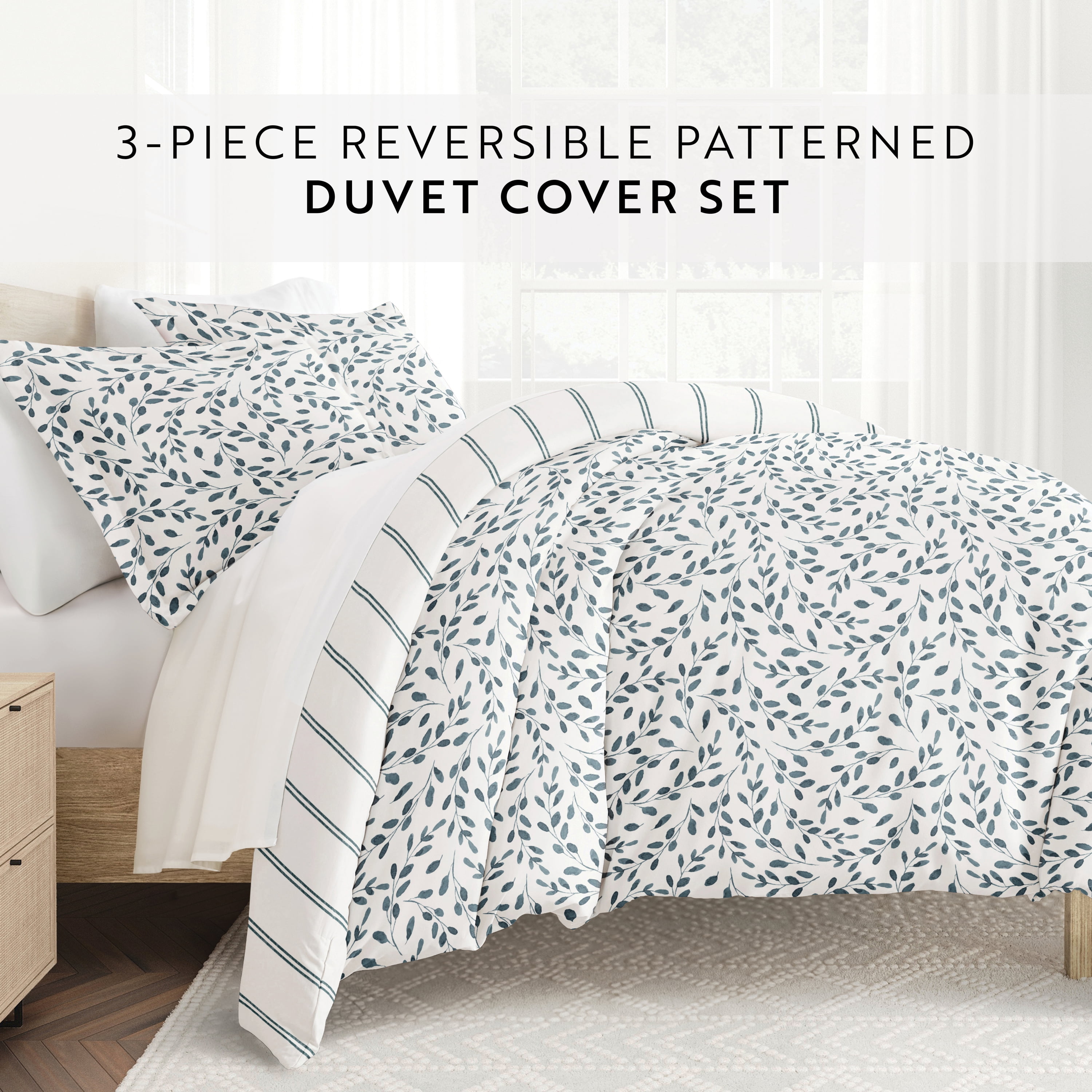 Noble Linens Watercolor Vines Blue 3-Piece Patterned Duvet Cover Set, King