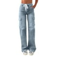 thumbnail image 2 of Jacenvly New Jeans for Women Plus Size Long Pants Trendy Solid Elastic Waisted Cargo Pants for Women High Waist Stretch Fabric Elastic Waisted Pocket Tie Front Blue XXL, 2 of 8